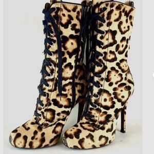 GIAMBATTISTA VALLI leopard Boots lace-up fur stiletto Italy 40 US 10 high heel